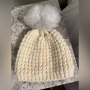 Cream Knit Beanie with Fluffy Pom Pom